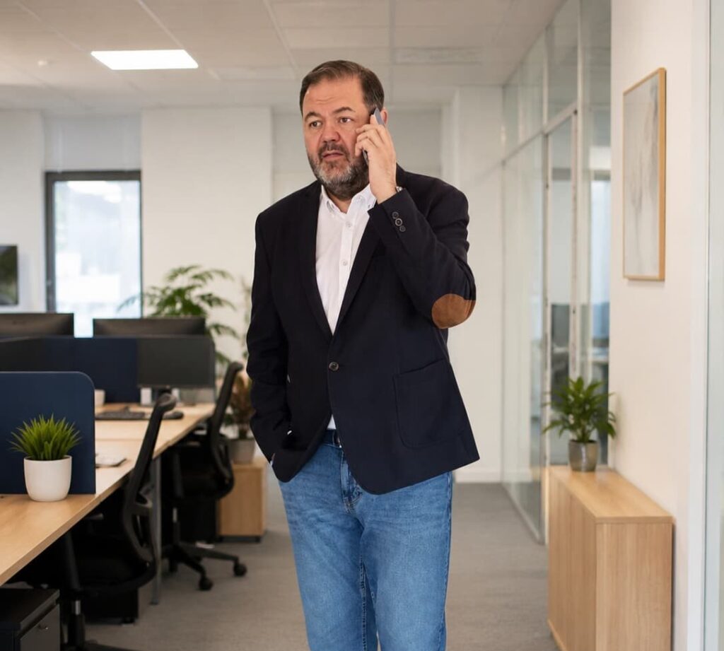 Hombre de negocios hablando por teléfono sobre la venta de una vivienda en una oficina moderna